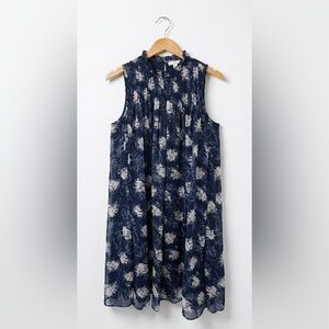 Joie Navy Blue and White Floral Smocked Ruffle Neck Sleeveless Mini Dress NWOT